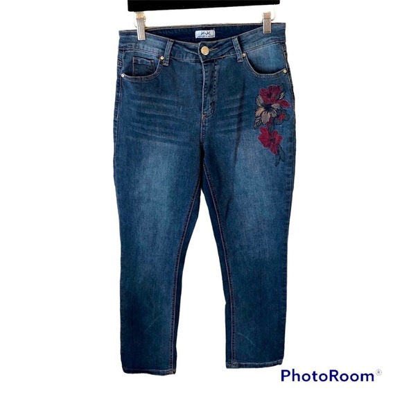 High Waisted Floral Embroidered Boho Festival Denim Jeans Women’s Size 6 Stretch - Picture 1 of 11